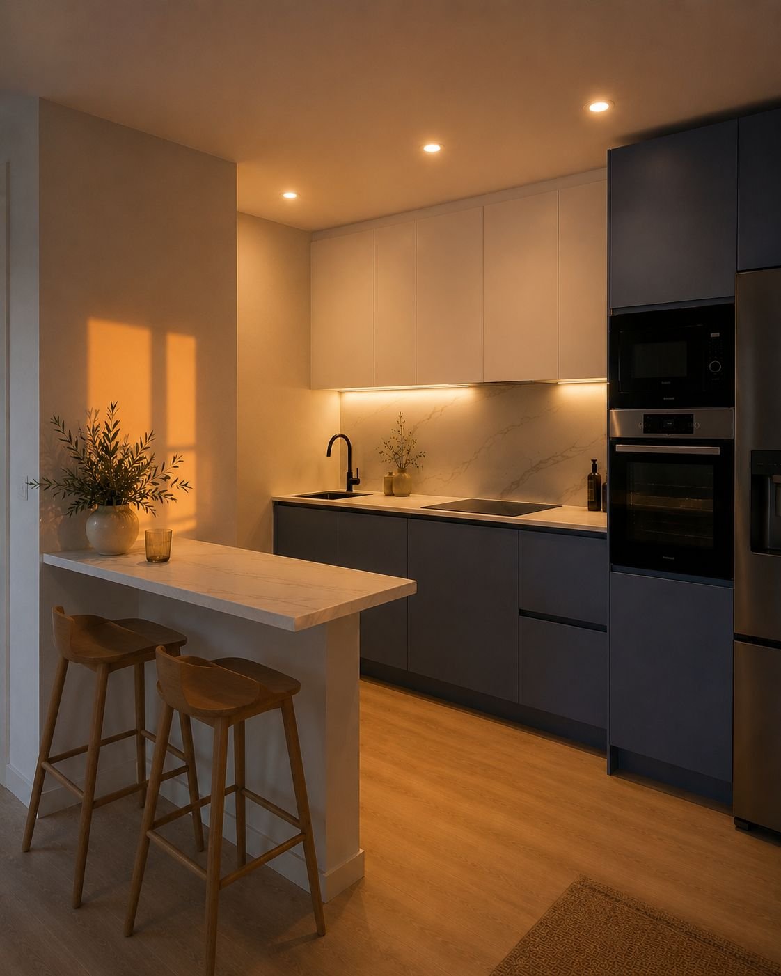 Cocina moderna gris antracita con encimera de mármol blanco y barra desayunador, Madrid